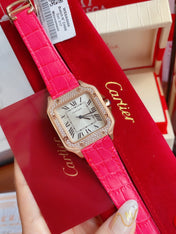 SANTOS LADY 35MM QUARTZ ROSE GOLD CASE DIAMOND BEZEL LEATHER