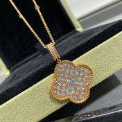 CLOVER LARGE PEDANT DIAMOND PAVED LONG NECKLACE