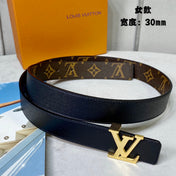 LV INITIALES 30 MM REVERSIBLE BELT IN BROWN MONOGRAM AND BLACK CALFSKIN GOLD HARDWARE