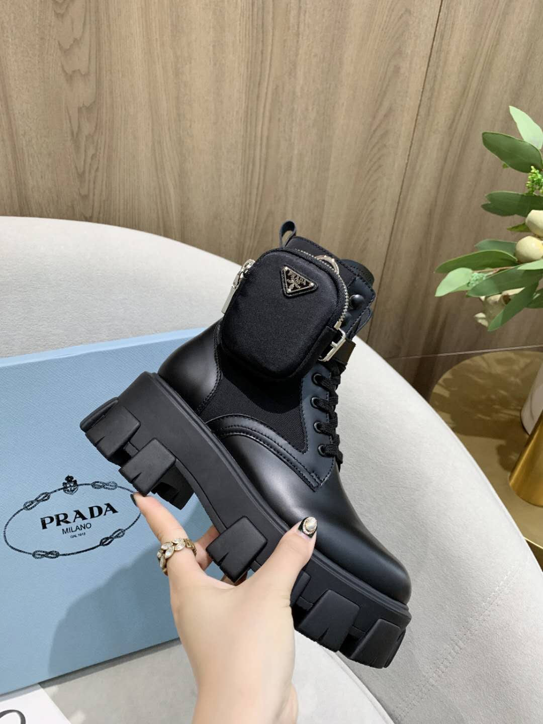 PRADA 26S HIGH TOP MONOLITH SHOES IN BLACK CALFSKIN AND FABRIC WITH POUCH
