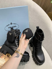 PRADA 26S HIGH TOP MONOLITH SHOES IN BLACK CALFSKIN AND FABRIC WITH POUCH