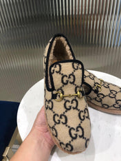 GG HORSEBIT LOAFER IN BEIGE MIX BLACK WOOL AND LAMB FUR LINING