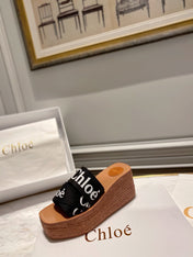 WOODY WEDGE IN BLACK DENIM WITH WHITE LOGO