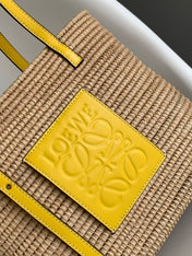 LOEWE 25S BASKET BAG 30 IN NATURAL MIX YELLOW RAFFIA CALFSKIN SHOULDER STRAP
