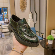 PRADA 26S PENNY LOAFERS 55MM IN GREEN PATENT CALFSKIN