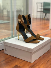 BALMAIN 25S THIN STRAP HIGH HEELS 105MM IN DARK BROWN SUEDE GOLD HARDWARE