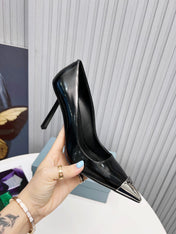 PRADA 26S PUMPS STILETTO HEEL 95MM IN BLACK METAL TIP CALFSKIN