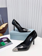 PRADA 26S PUMPS STILETTO HEEL 95MM IN BLACK METAL TIP CALFSKIN