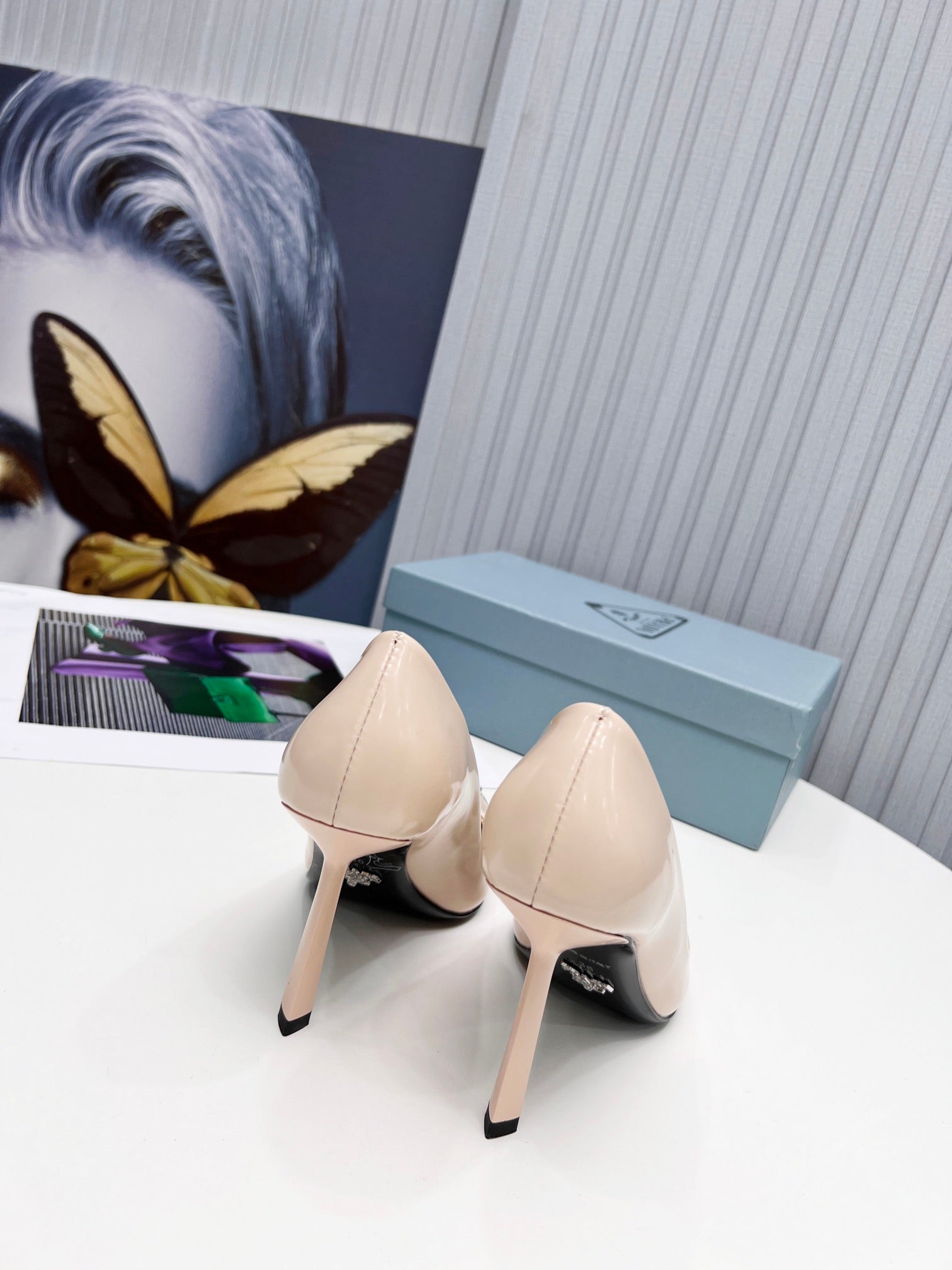 PRADA 26S PUMPS STILETTO HEEL 95MM IN NUDE BEIGE METAL TIP CALFSKIN