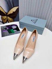 PRADA 26S PUMPS STILETTO HEEL 95MM IN NUDE BEIGE METAL TIP CALFSKIN
