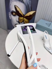 PRADA 26S SLINGBACK PUMPS STILETTO HEEL 95MM IN WHITE MESH WITH LOGO