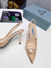 PRADA 26S SLINGBACK PUMPS STILETTO HEEL 95MM IN NUDE BEIGE MESH WITH LOGO