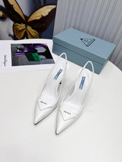 PRADA 26S SLINGBACK PUMPS STILETTO HEEL 95MM IN WHITE PATENT CALFSKIN LOGO