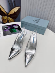 PRADA 26S SLINGBACK PUMPS STILETTO HEEL 95MM IN SILVER PATENT CALFSKIN LOGO