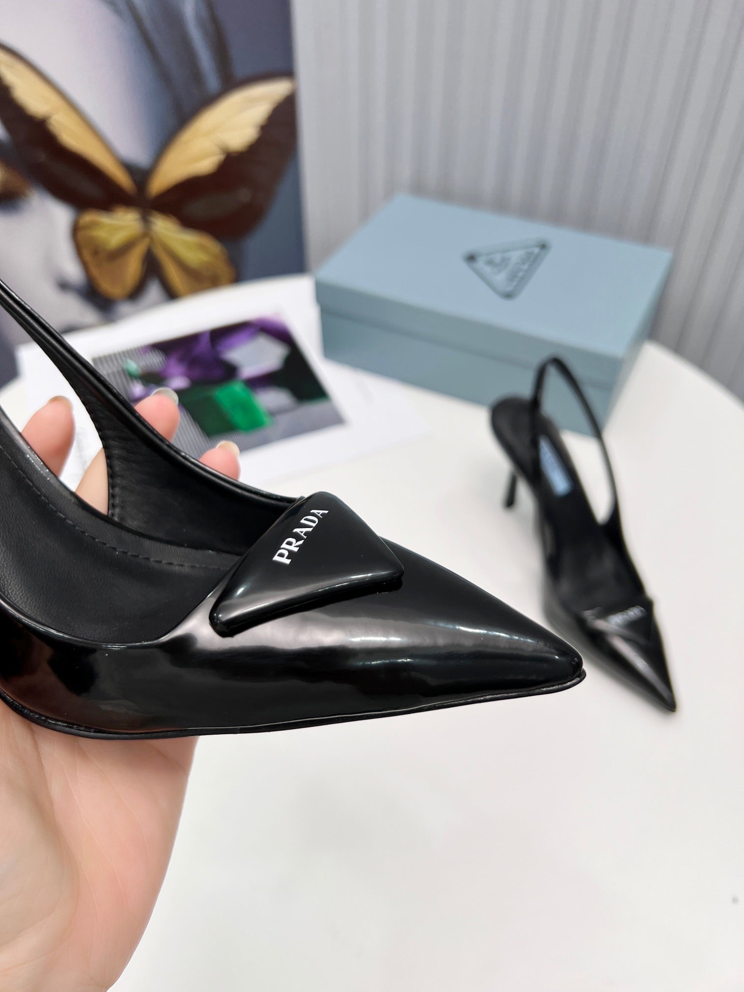 PRADA 26S SLINGBACK PUMPS STILETTO HEEL 95MM IN BLACK PATENT CALFSKIN LOGO