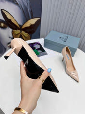 PRADA 26S POINTED TOE PUMPS STILETTO HEEL 95MM IN NUDE BEIGE PATENT CALFSKIN LOGO
