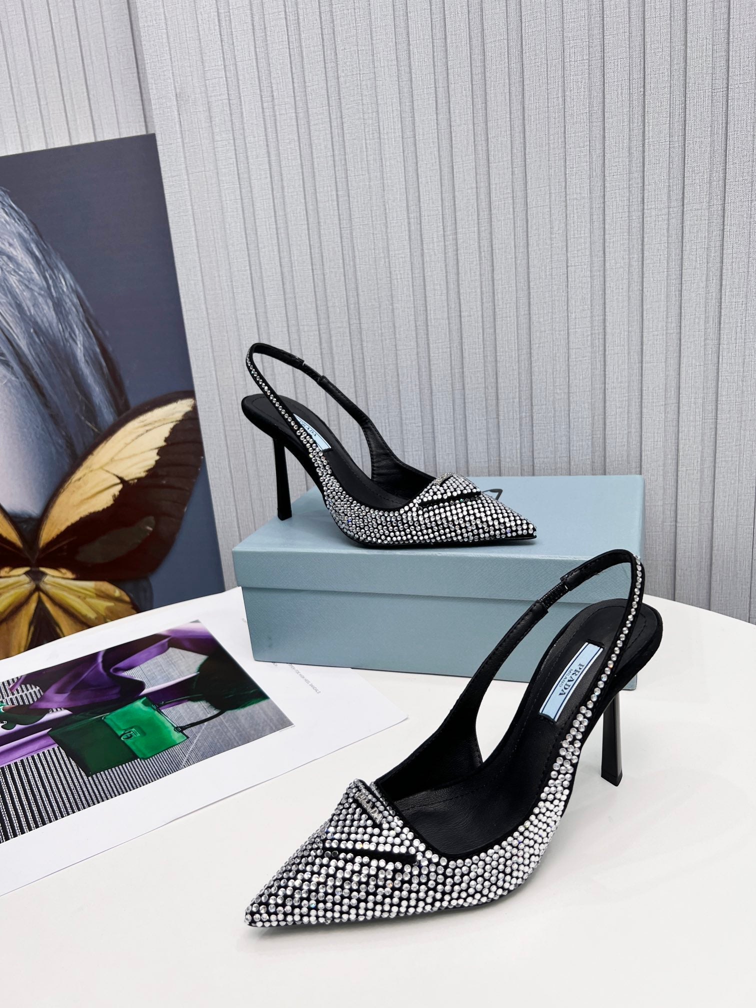 PRADA 26S SLINGBACK PUMPS STILETTO HEEL 95MM IN CRYSTAL EMBELLISHED STYLE 1