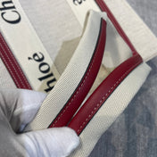 MEDIUM STRAP WOODY TOTE BAG 37 IN BEIGE LINEN CANVAS BLACK WEBBING LOGO EMBROIDER RED CALFSKIN