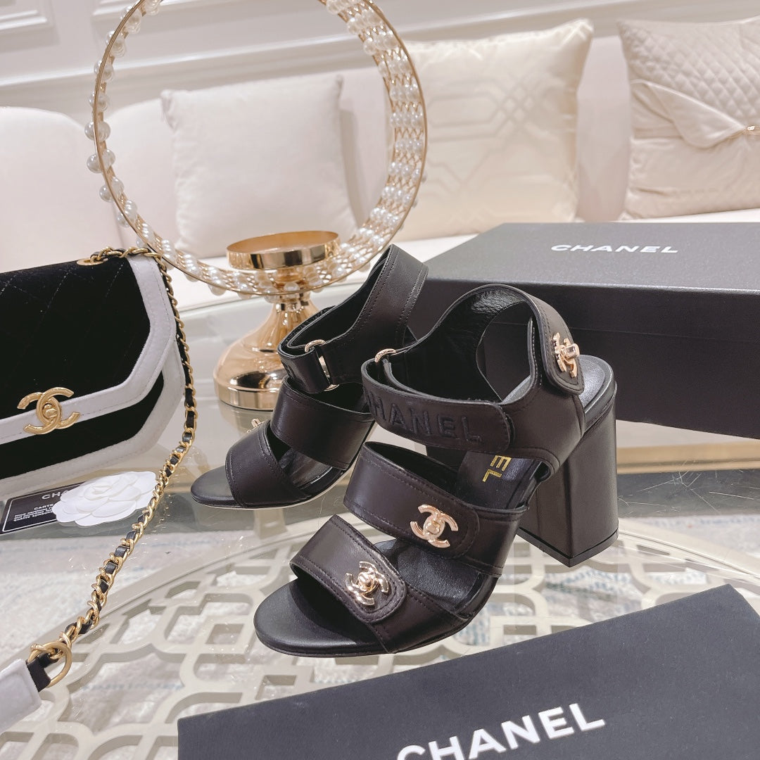 CC 3 STRAPS HIGH HEELS IN BLACK CALFSKIN