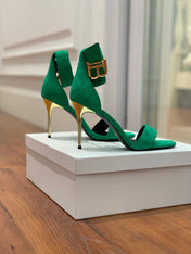 BALMAIN 25S THIN STRAP HIGH HEELS 105MM IN GREEN SUEDE GOLD HARDWARE