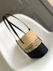 LOEWE 25S BASKET BAG 30 IN NATURAL MIX BLACK RAFFIA CALFSKIN SHOULDER STRAP