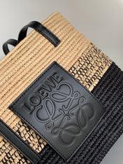 LOEWE 25S BASKET BAG 30 IN NATURAL MIX BLACK RAFFIA CALFSKIN SHOULDER STRAP