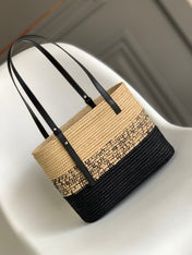 LOEWE 25S BASKET BAG 30 IN NATURAL MIX BLACK RAFFIA CALFSKIN SHOULDER STRAP