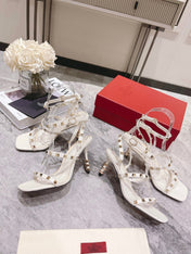 HIGH HEEL 6 CM SANDAL IN WHITE LAMBSKIN WITH STUDS