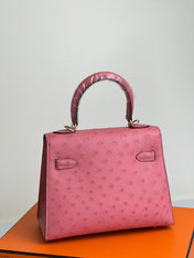 KELLY BAG 20 IN ROUGE PINK OSTRICH LEATHER WITH GOLD HARDWARE