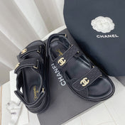 CHANEL 26S SANDALS IN BLACK FABRIC WITH PEARL-EMBELLISHED LOGO