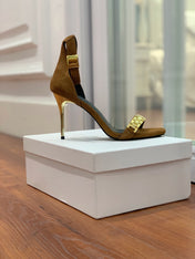 BALMAIN 25S METAL STRAP HIGH HEELS 95MM IN BROWN SUEDE GOLD HARDWARE