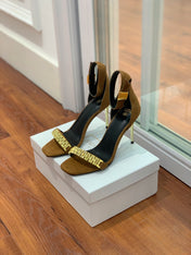 BALMAIN 25S METAL STRAP HIGH HEELS 95MM IN BROWN SUEDE GOLD HARDWARE