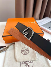 BOUCLE BELT BUCKLE & REVERSIBLE GINGER ORANGE AND BLACK LEATHER STRAP 38MM SILVER HARDWARE