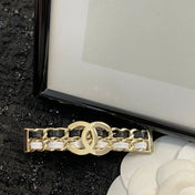 CHANEL 26S DOUBLE C LOGO CHAIN WEAVE BAR HAIR CLIP IN BLACK & WHITE LEATHER AND GOLD METAL 629927
