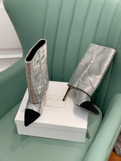 BALMAIN 26S BOOTS 105 MM IN SILVER GLITTER AND BLACK SUEDE