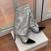 BALMAIN 26S BOOTS 105 MM IN SILVER GLITTER AND BLACK SUEDE