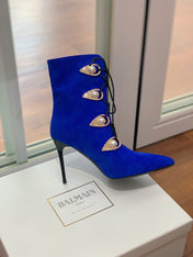 BALMAIN 26S BOOT 95 MM IN DARK BLUE SUEDE PEARL BUTTON