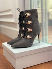 BALMAIN 26S BOOT 95 MM IN CHARCOAL GREY SUEDE PEARL BUTTON