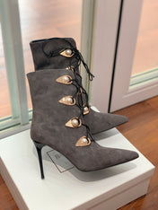 BALMAIN 26S BOOT 95 MM IN CHARCOAL GREY SUEDE PEARL BUTTON