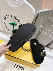 FENDI DAD SANDAL MULE IN BLACK SUEDE WITH FLEECE WITH GOLD HARDWARE