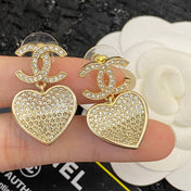 CHANEL 26S DOUBLE C LOGO PAVE CRYSTAL HEART DROP EARRINGS IN GOLD METAL 633109
