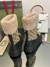 HORSEBIT SNOW ANKLE BOOTS IN ECRU BEIGE MONOGRAM JACQUARD FABRIC MIX BLACK CALFSKIN AND LAMB WOOL LINING