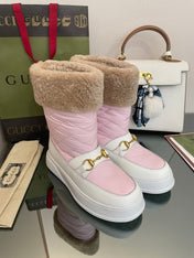 HORSEBIT ANKLE BOOTS WITH MERINO TRIM IN LIGHT PINK NYLON MIX WHITE CALFSKIN