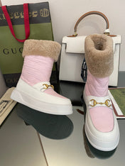 HORSEBIT ANKLE BOOTS WITH MERINO TRIM IN LIGHT PINK NYLON MIX WHITE CALFSKIN