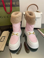 HORSEBIT ANKLE BOOTS WITH MERINO TRIM IN LIGHT PINK NYLON MIX WHITE CALFSKIN