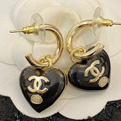 CHANEL 26S DOUBLE C LOGO FULL PAVE CRYSTAL HEART CHARM HOOP EARRINGS IN GOLD METAL 633110