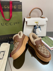 GG LOAFER IN PEANUT BROWN JACQUARD AND CHOCOLATE BROWN CALFSKIN WITH BEIGE WOOL LINING