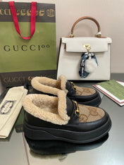 GG LOAFER IN PEANUT BROWN JACQUARD AND BLACK CALFSKIN WITH BEIGE WOOL LINING