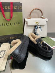 GG LOAFER IN BLACK JACQUARD AND CALFSKIN WITH BEIGE WOOL LINING