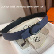 LUCK BELT BUCKLE & REVERSIBLE AEGEAN BLUE AND BLACK LEATHER STRAP 38MM BLACK HARDWARE